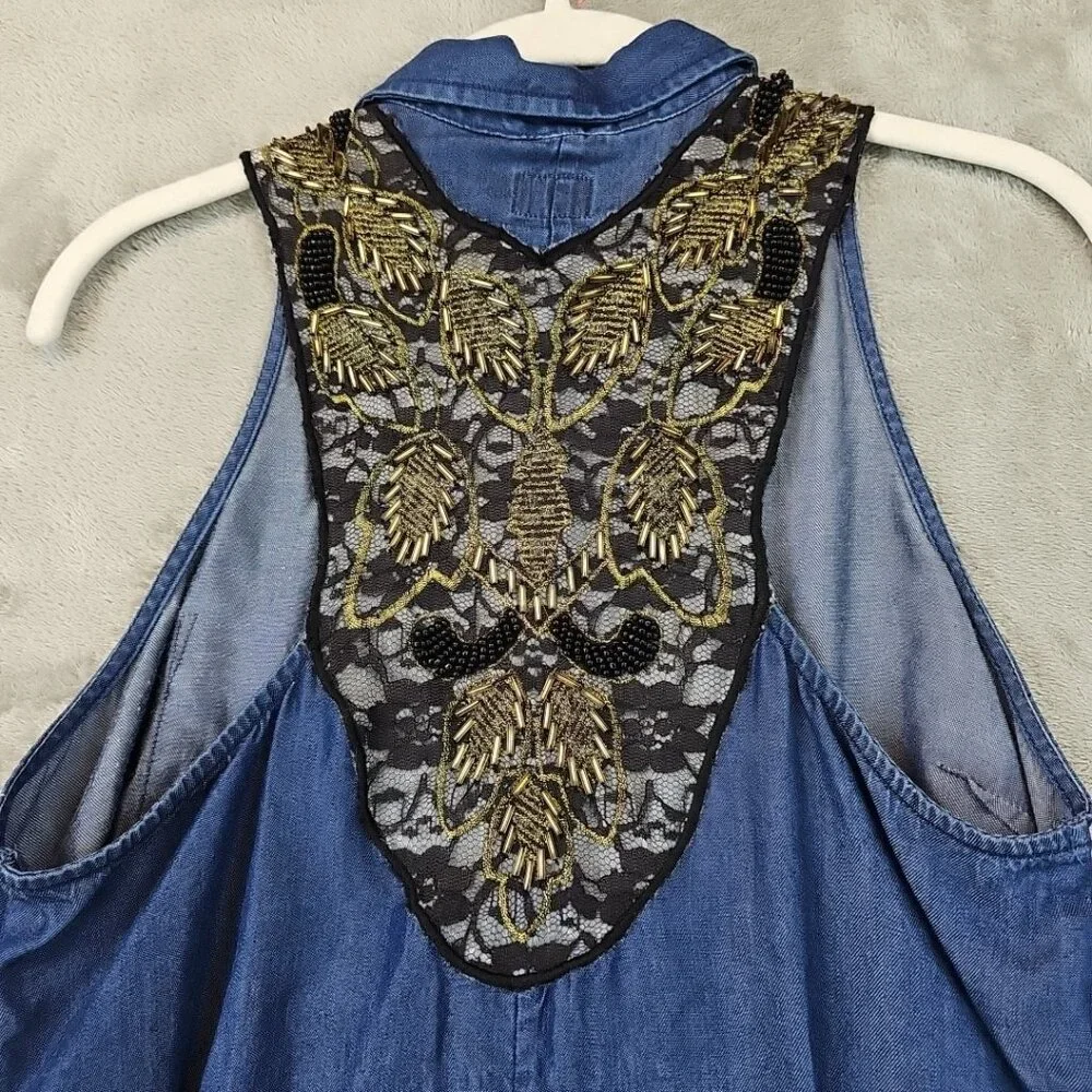 Guess Button Up Sleeveless Tunic Womens Size S Blue Chambray Beaded Lace Lyocell - Picture 9 of 9